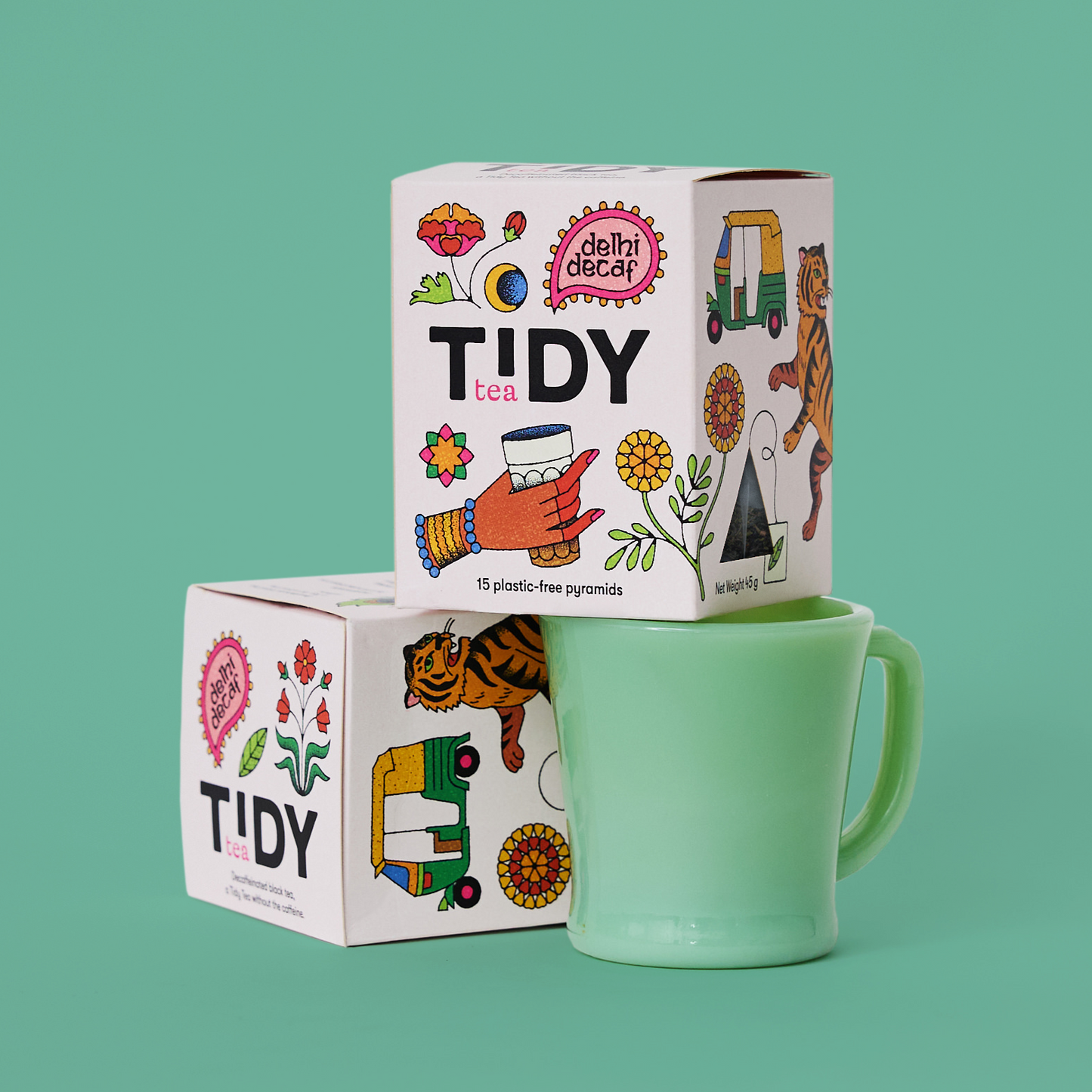 Two boxes of decaf black tea in compostable tea bags