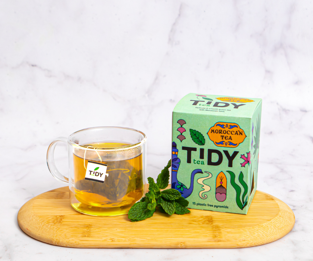 A mug of Moroccan Tea using non plastic tea bags 