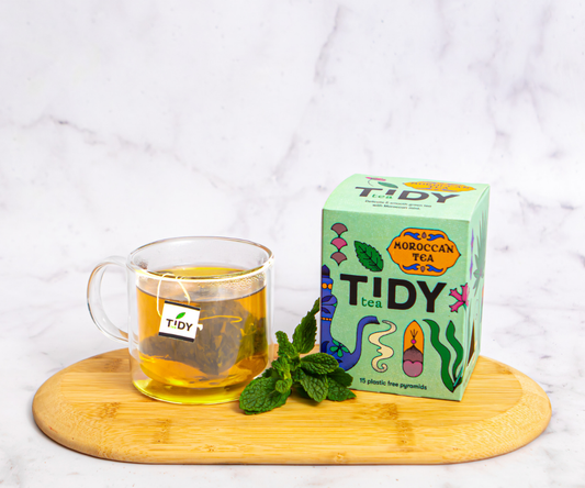 A mug of Moroccan Tea using non plastic tea bags 